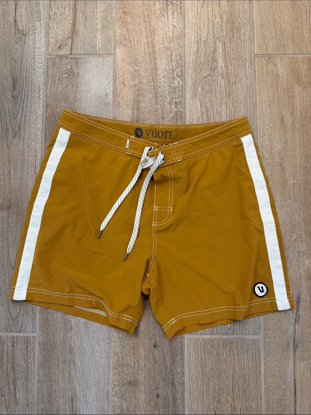 Vuori Men’s Mustard Boardshorts with White Side Stripes
